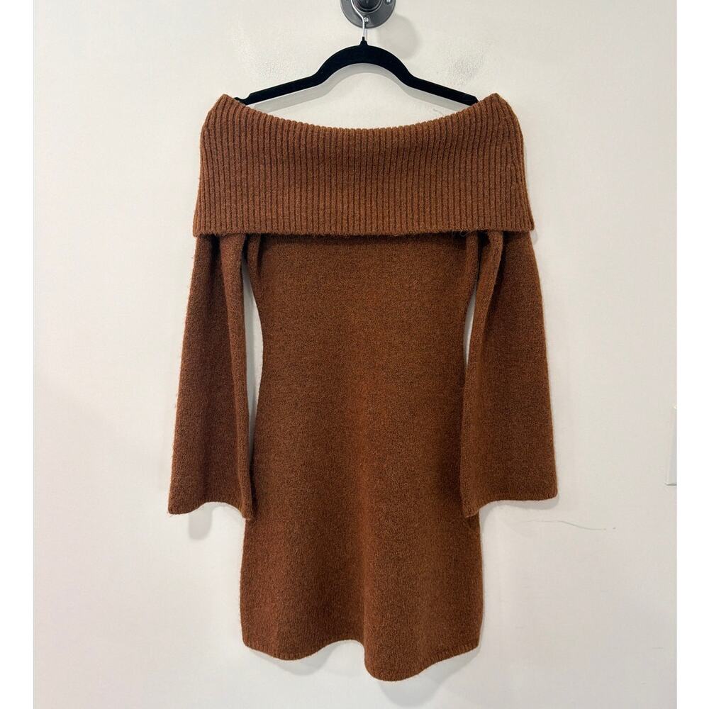 Cult Gaia Sophie Sweater Dress Fold Over Off The Shoulder in Brown Size S